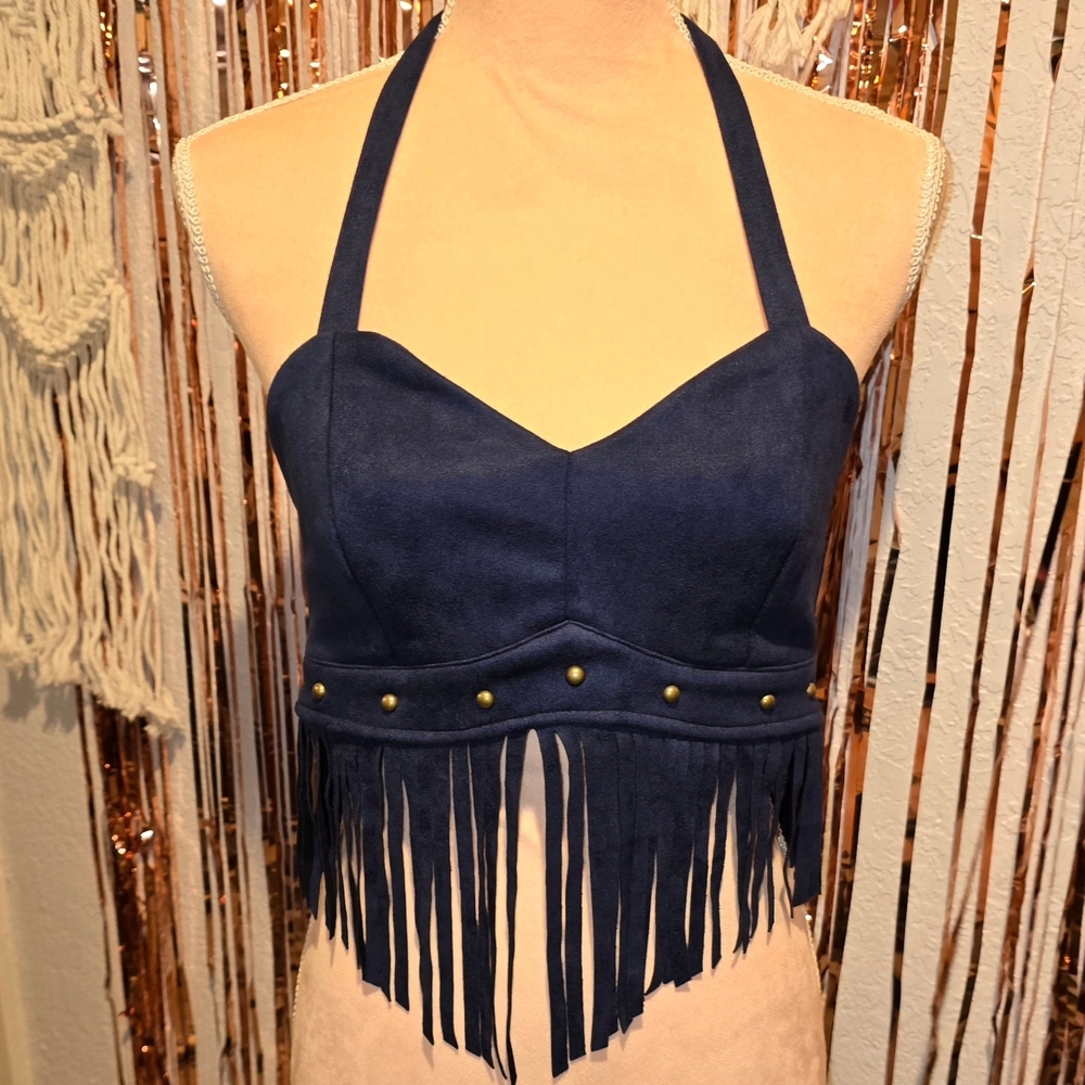 Cheyenne Navy Suede Fringe Halter Crop Top
